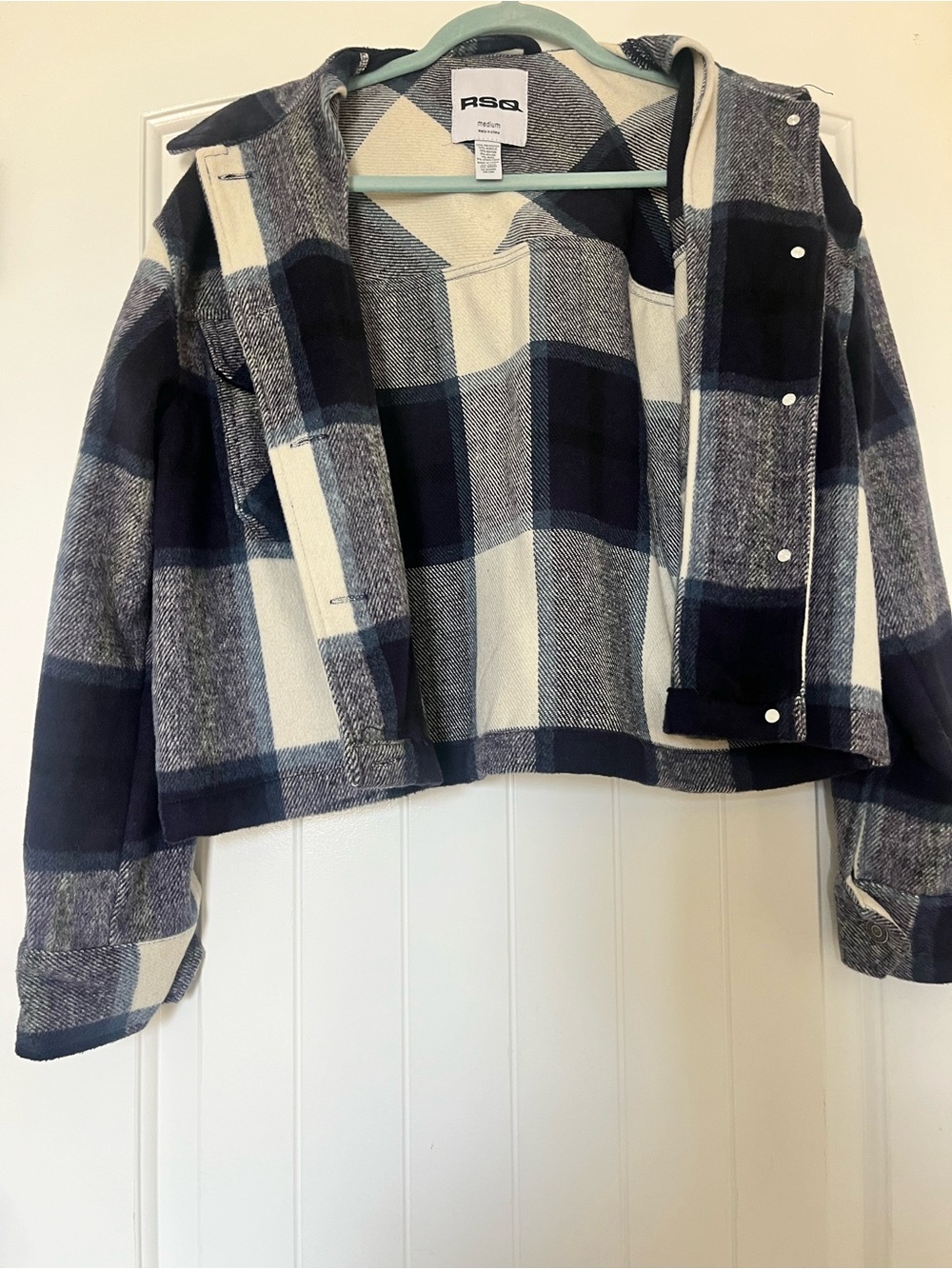RSQ Plaid Hooded Shacket in Navy and Cream